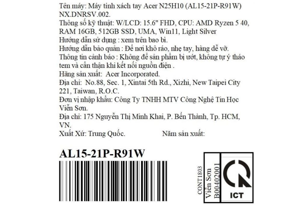 Laptop Acer Aspire Lite 15 AL15-21P-R91W - NX.DNRSV.002 (R5 40, 16GB, 512GB, Full HD, Win11) Màu Bạc