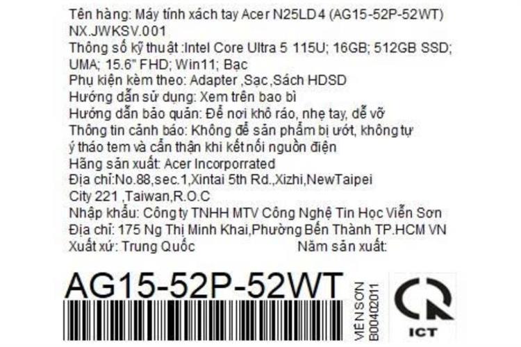 Laptop Acer Aspire Go 15 AG15-52P-52WT - NX.JWKSV.001 (Ultra 5 115U, 16GB, 512GB, Full HD, Win11) Màu Bạc