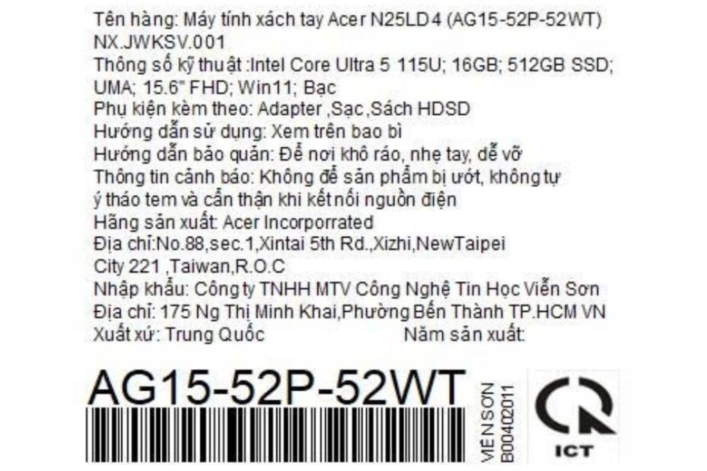 Laptop Acer Aspire Go 15 AG15-52P-52WT - NX.JWKSV.001 (Ultra 5 115U, 16GB, 512GB, Full HD, Win11) - 9