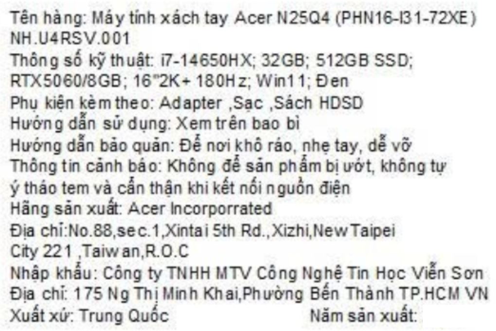 Laptop Acer Gaming Predator Helios Neo 16 PHN16-I31-72XE - NH.U4RSV.001 (i7 14650HX, 32GB, 512GB, RTX5060 8GB, 2K+ 180Hz, Win11) Màu Đen
