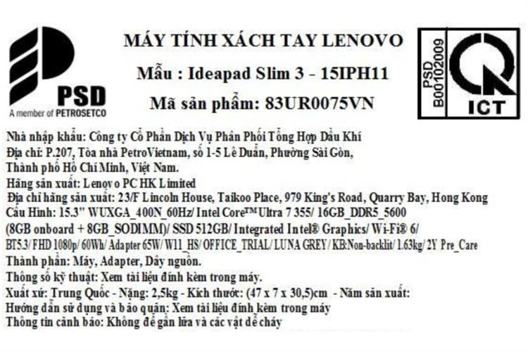 Laptop Lenovo IdeaPad Slim 3 15IPH11 - 83UR0075VN (Ultra 7 355, 16GB, 512GB, WUXGA, Win11) Màu Xám
