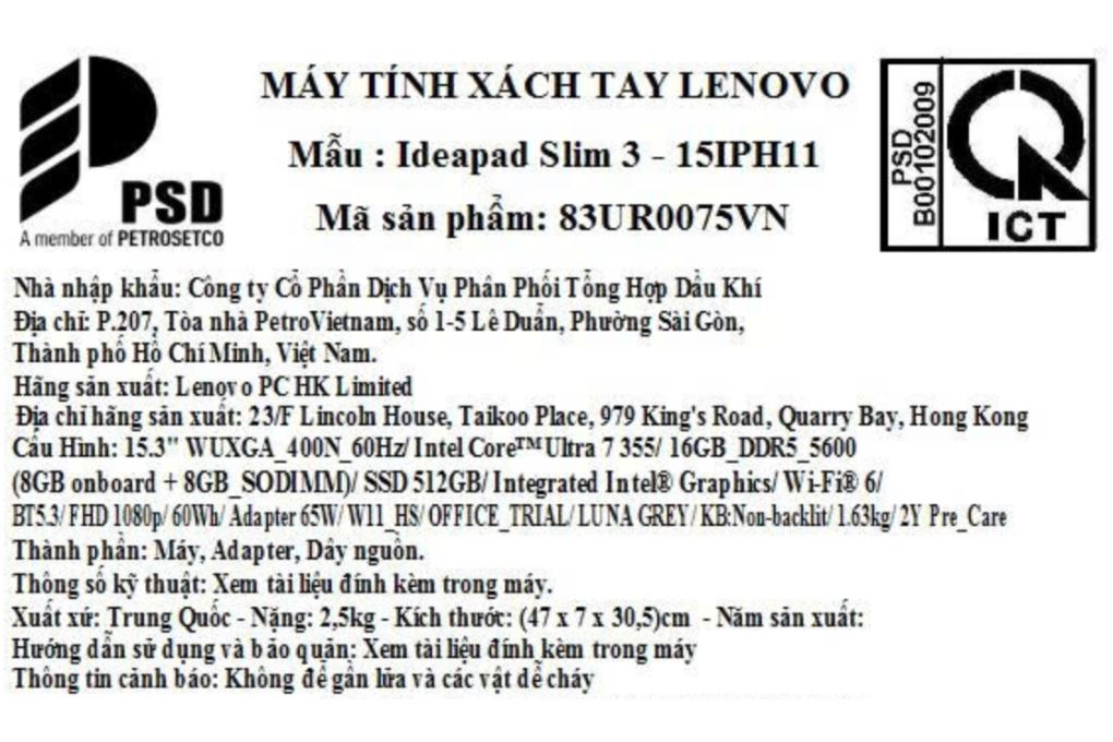 Laptop Lenovo IdeaPad Slim 3 15IPH11 - 83UR0075VN (Ultra 7 355, 16GB, 512GB, WUXGA, Win11) Màu Xám