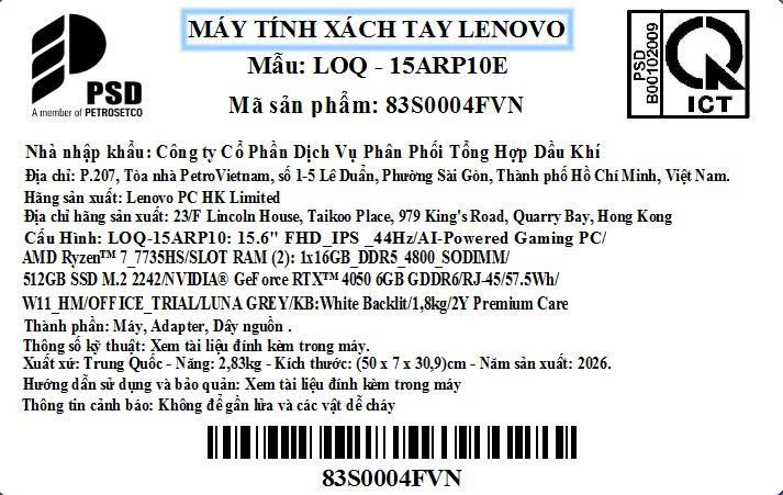 Laptop Lenovo Gaming LOQ 15ARP10E - 83S0004FVN (R7 7735HS, 16GB, 512GB, RTX 4050 6GB, Full HD 144Hz, Win11) Màu Xám