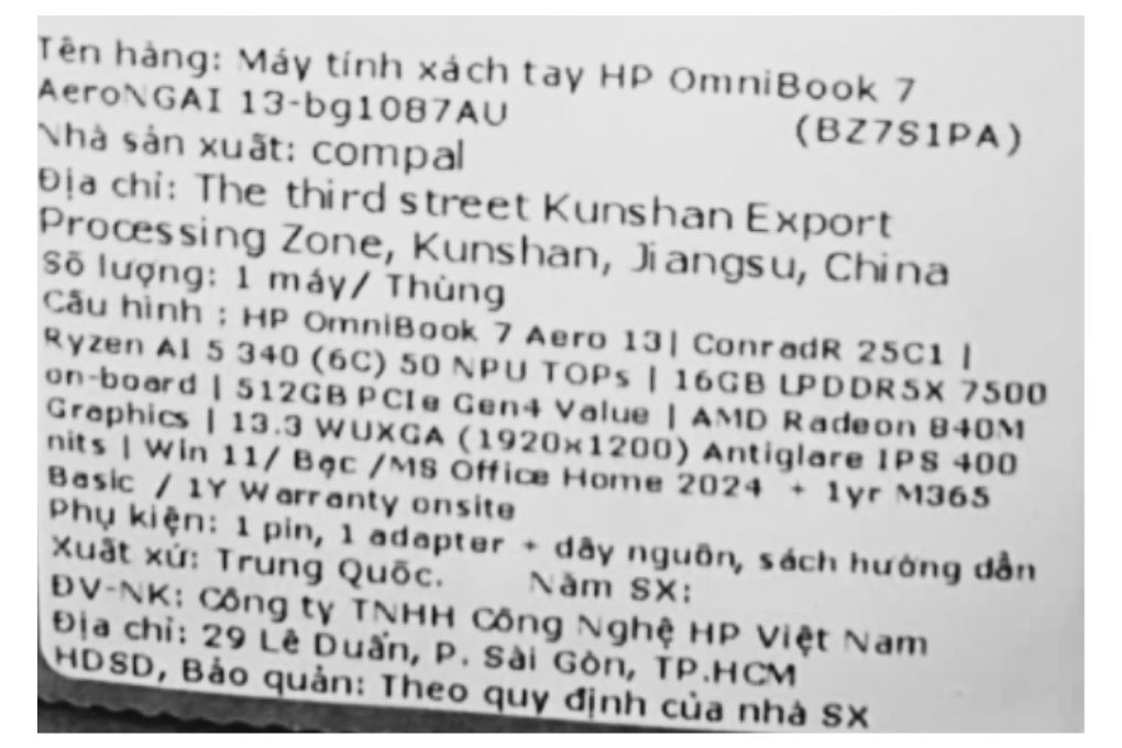 Laptop HP OmniBook 7 Aero 13 bg1087AU - BZ7S1PA (R5 AI 340, 16GB, 512GB, WUXGA, OfficeH24+365, Win11) Màu Bạc