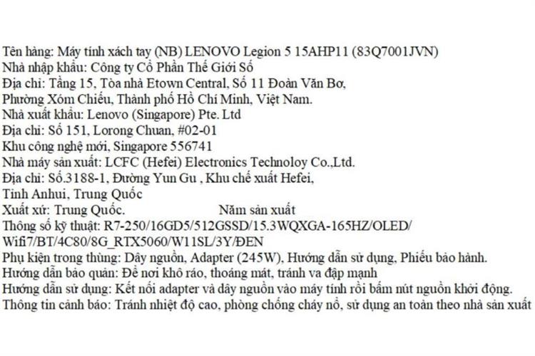 Laptop Lenovo Gaming Legion 5 15AHP11 - 83Q7001JVN (R7 250, 16GB, 512GB, RTX 5060 8GB, WQXGA OLED 165Hz, OfficeH24, Win11) Màu Đen