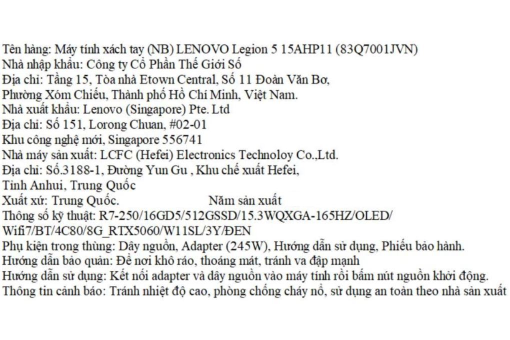 Laptop Lenovo Gaming Legion 5 15AHP11 - 83Q7001JVN (R7 250, 16GB, 512GB, RTX 5060 8GB, WQXGA OLED 165Hz, OfficeH24, Win11) Màu Đen