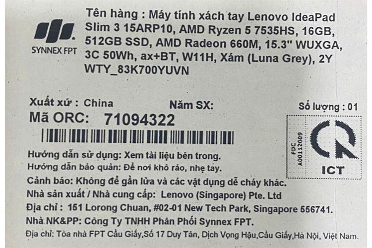 Laptop Lenovo IdeaPad Slim 3 15ARP10 - 83K700YUVN (R5 7535HS, 16GB, 512GB, WUXGA, Win11) Màu Xám