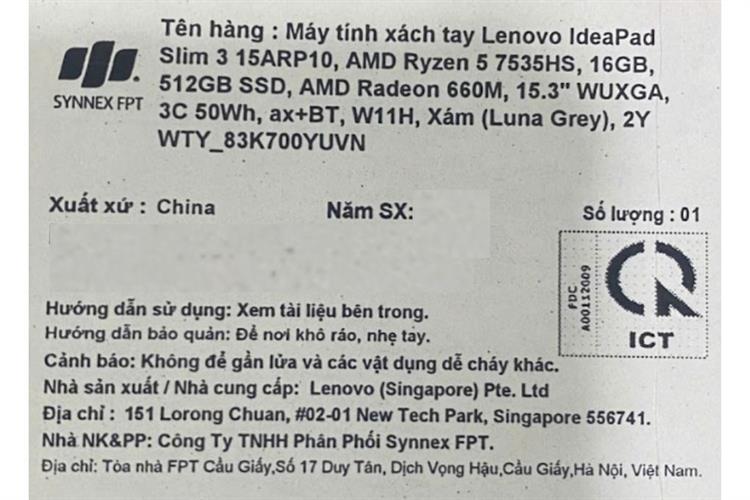 Laptop Lenovo IdeaPad Slim 3 15ARP10 - 83K700YVVN (R7 7735HS, 16GB, 512GB, WUXGA, Win11) Màu Xám