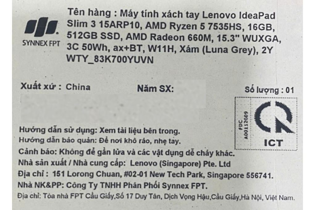Laptop Lenovo IdeaPad Slim 3 15ARP10 - 83K700YVVN (R7 7735HS, 16GB, 512GB, WUXGA, Win11) - 15