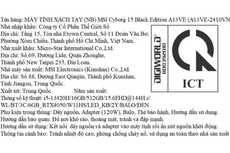 Laptop MSI Gaming Cyborg 15 Black Edition A13VE - A13VE-2410VN (i5 13420H, 16GB, 512GB, RTX 4050 6GB, Full HD 144Hz, Win11) Màu Đen