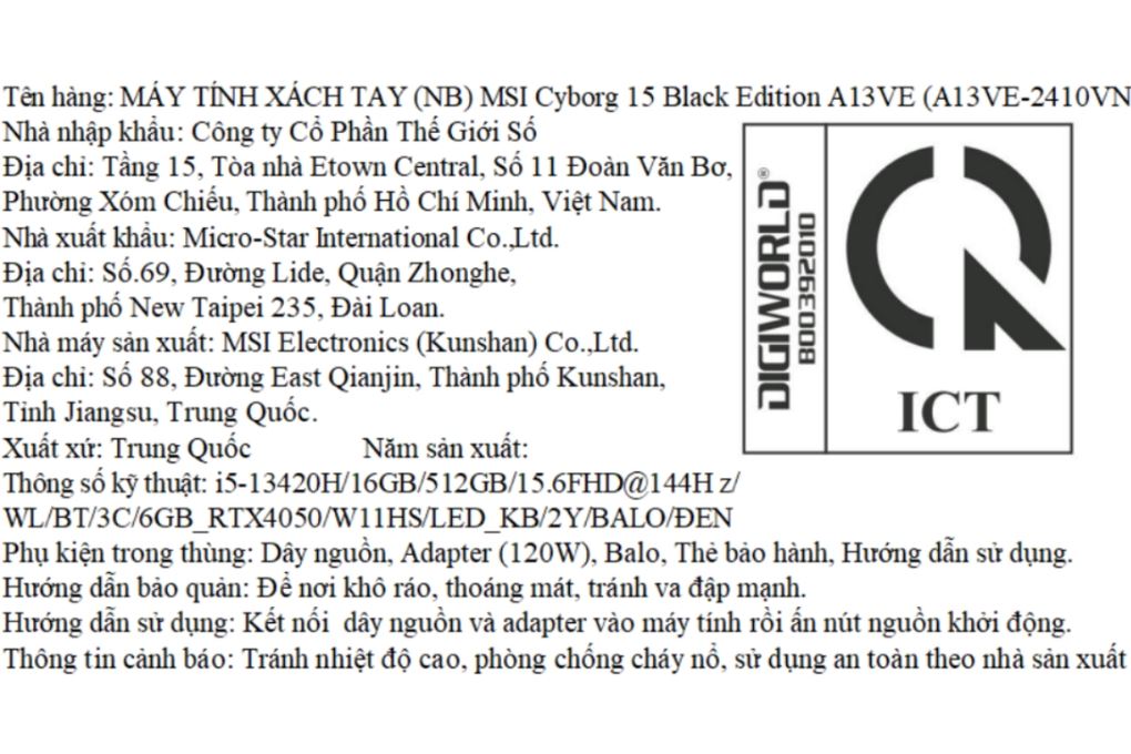 Laptop MSI Gaming Cyborg 15 Black Edition A13VE - A13VE-2410VN (i5 13420H, 16GB, 512GB, RTX 4050 6GB, Full HD 144Hz, Win11) Màu Đen