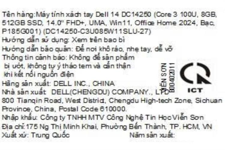 Laptop Dell 14 DC14250 - DC14250-C3U085W11SLU-27 (Core 3 100U, 8GB, 512GB, Full HD+, OfficeH24+365, Win11) Màu Bạc