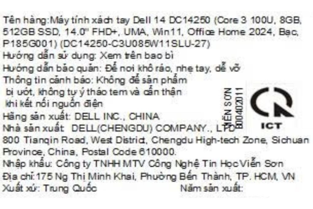 Laptop Dell 14 DC14250 - DC14250-C3U085W11SLU-27 (Core 3 100U, 8GB, 512GB, Full HD+, OfficeH24+365, Win11) Màu Bạc