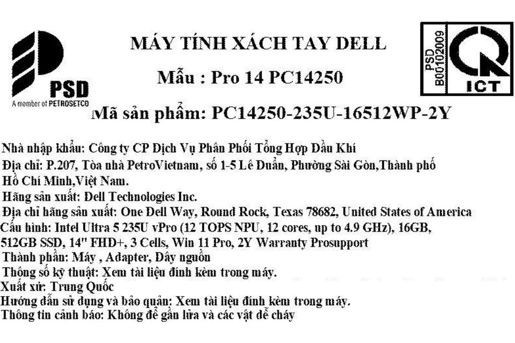 Laptop Dell Pro 14 PC14250 - PC14250-235U-16512WP-2Y (Ultra 5 235U, 16GB, 512GB, Full HD+, Win11Pro) Màu Bạc