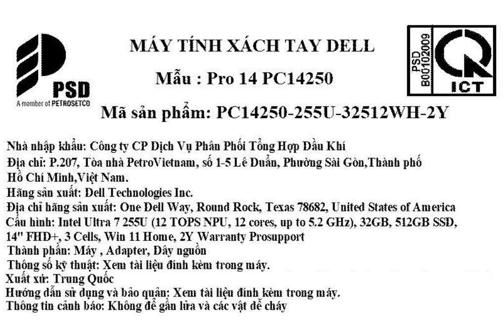 Laptop Dell Pro 14 PC14250 - PC14250-255U-32512WH-2Y (Ultra 7 255U, 32GB, 512GB, Full HD+, Win11) Màu Bạc
