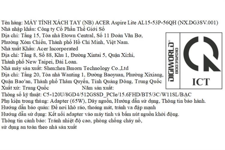 Laptop Acer Aspire Lite 15 AL15-53P-56QH - NX.DG3SV.001 (Core 5 120U, 8GB, 512GB, Full HD, Win11) Màu Bạc