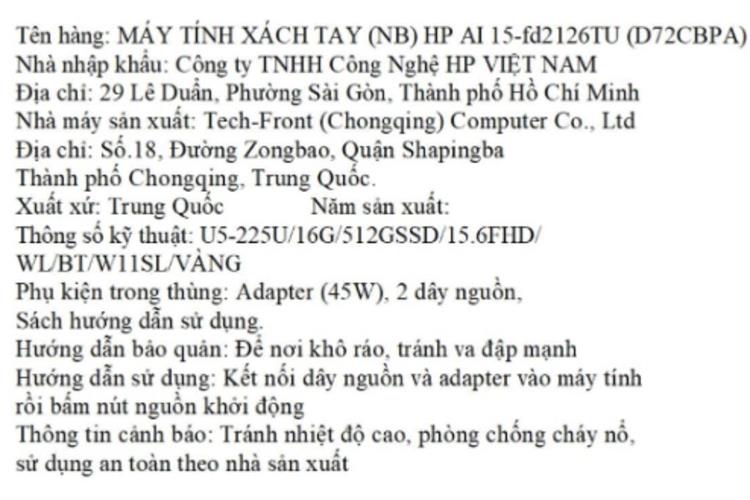 Laptop HP 15 fd2126TU - D72CBPA (Ultra 5 225U, 16GB, 512GB, Full HD, Win11) Màu Vàng