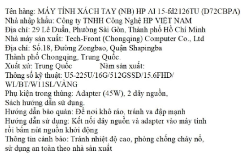Laptop HP 15 fd2126TU - D72CBPA (Ultra 5 225U, 16GB, 512GB, Full HD, Win11) Màu Vàng