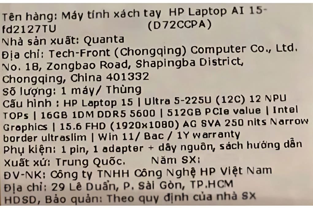 Laptop HP 15 fd2127TU - D72CCPA (Ultra 5 225U, 16GB, 512GB, Full HD, Win11) - 2