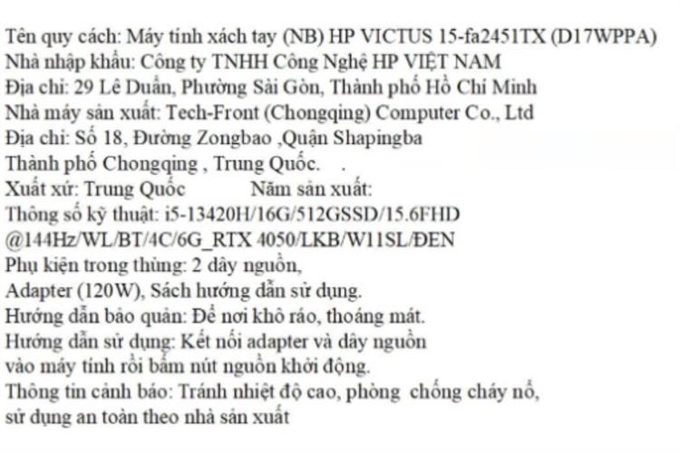 Laptop HP Gaming VICTUS 15 fa2451TX - D17WPPA (i5 13420H, 16GB, 512GB, RTX 4050 6GB, Full HD 144Hz, Win11) Màu Đen