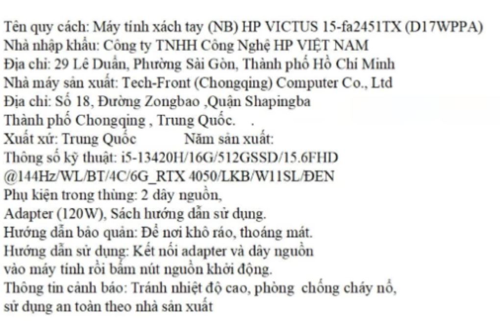 Laptop HP Gaming VICTUS 15 fa2451TX - D17WPPA (i5 13420H, 16GB, 512GB, RTX 4050 6GB, Full HD 144Hz, Win11) Màu Đen