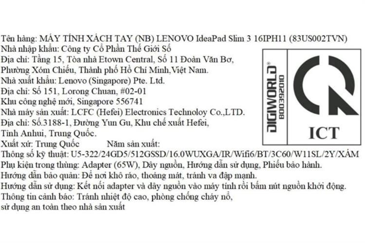 Laptop Lenovo IdeaPad Slim 3 16IPH11 - 83US002TVN (Ultra 5 322, 24GB, 512GB, WUXGA, Win11) Màu Xám