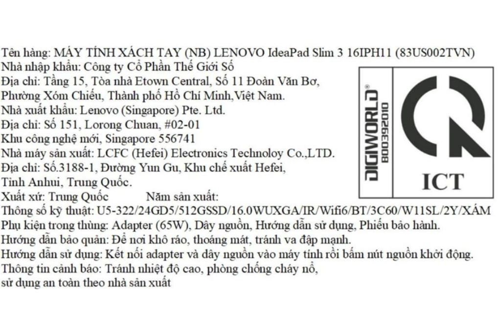 Laptop Lenovo IdeaPad Slim 3 16IPH11 - 83US002TVN (Ultra 5 322, 24GB, 512GB, WUXGA, Win11) Màu Xám