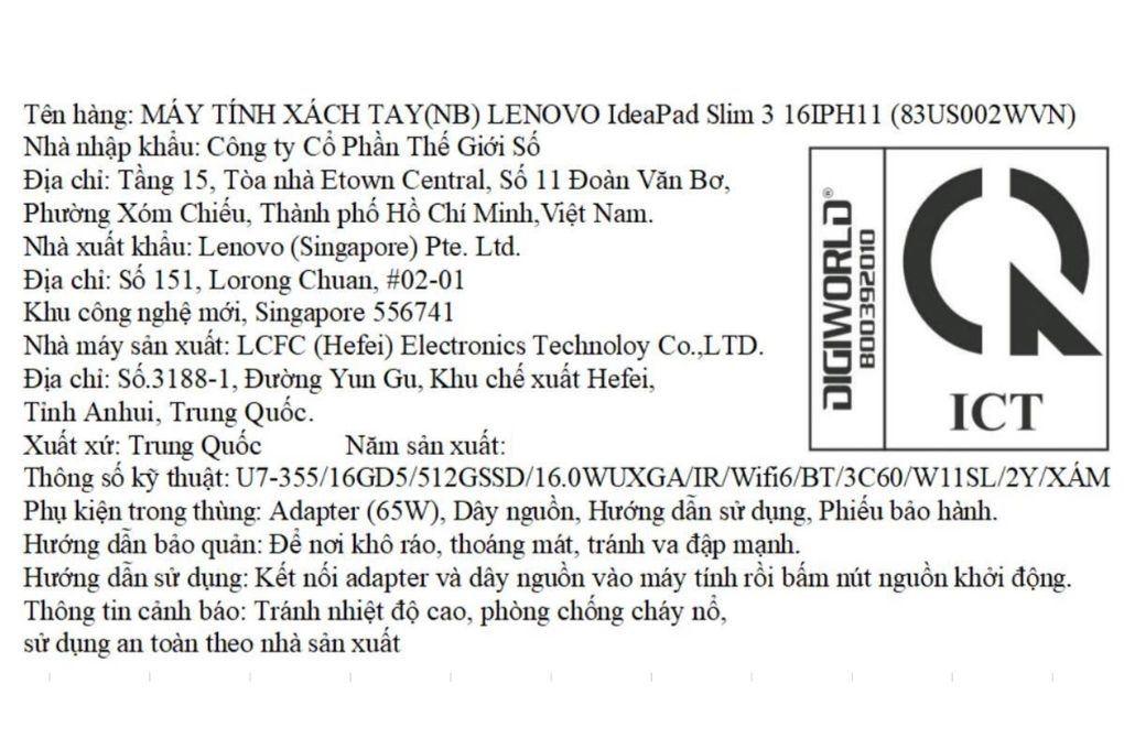Laptop Lenovo IdeaPad Slim 3 16IPH11 - 83US002WVN (Ultra 7 355, 16GB, 512GB, WUXGA, Win11) Màu Xám