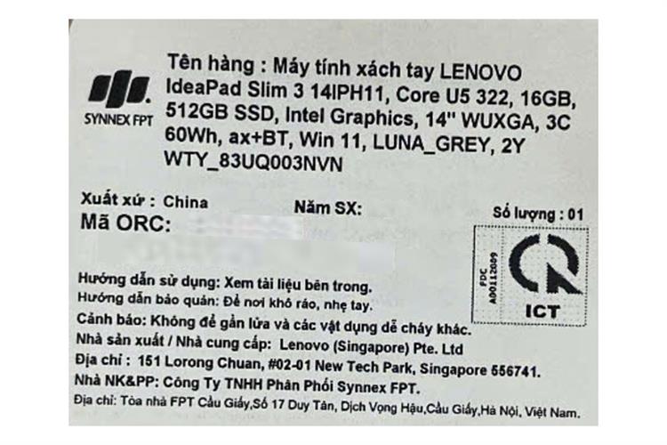 Laptop Lenovo IdeaPad Slim 3 14IPH11 - 83UQ003NVN (Ultra 5 322, 16GB, 512GB, WUXGA, Win11) Màu Xám
