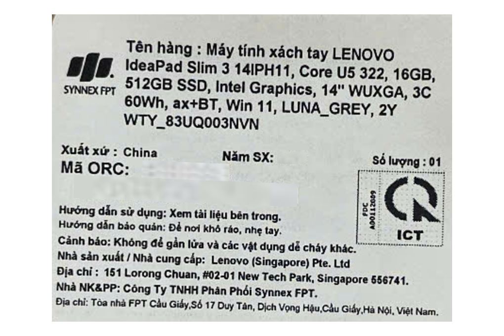 Laptop Lenovo IdeaPad Slim 3 14IPH11 - 83UQ003NVN (Ultra 5 322, 16GB, 512GB, WUXGA, Win11) Màu Xám