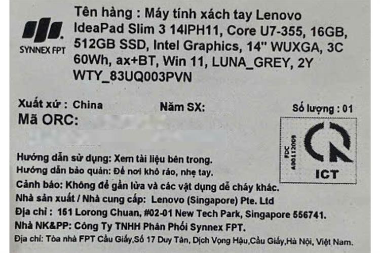 Laptop Lenovo IdeaPad Slim 3 14IPH11 - 83UQ003PVN (Ultra 7 355, 16GB, 512GB, WUXGA, Win11) Màu Xám