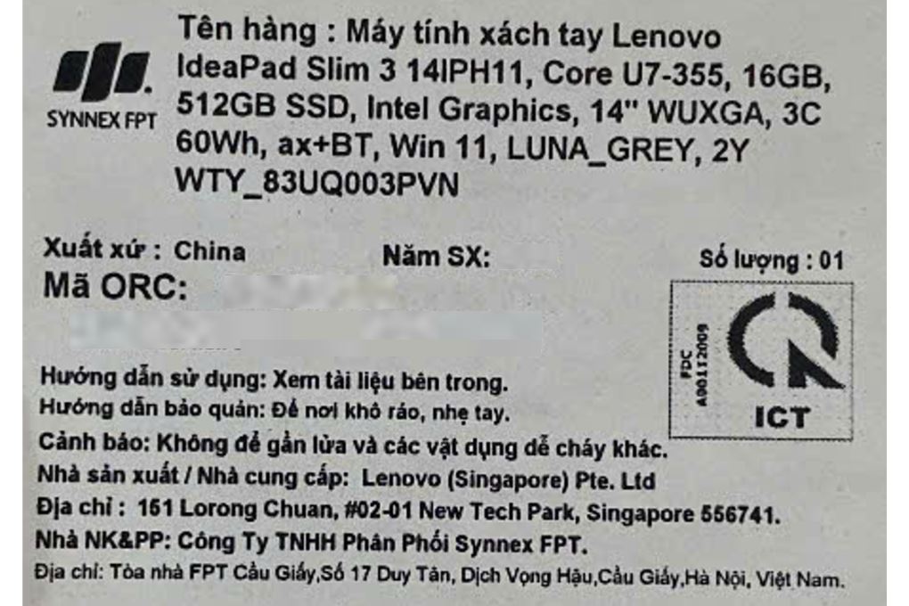 Laptop Lenovo IdeaPad Slim 3 14IPH11 - 83UQ003PVN (Ultra 7 355, 16GB, 512GB, WUXGA, Win11) Màu Xám