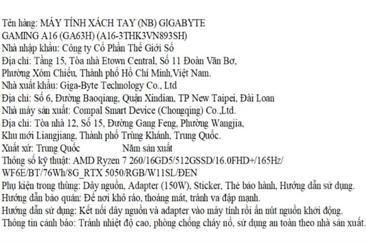 Laptop GIGABYTE Gaming A16 - 3THK3VN893SH (R7 260, 16GB, 512GB, RTX 5050 8GB, Full HD+ 165Hz, Win11) Màu Đen
