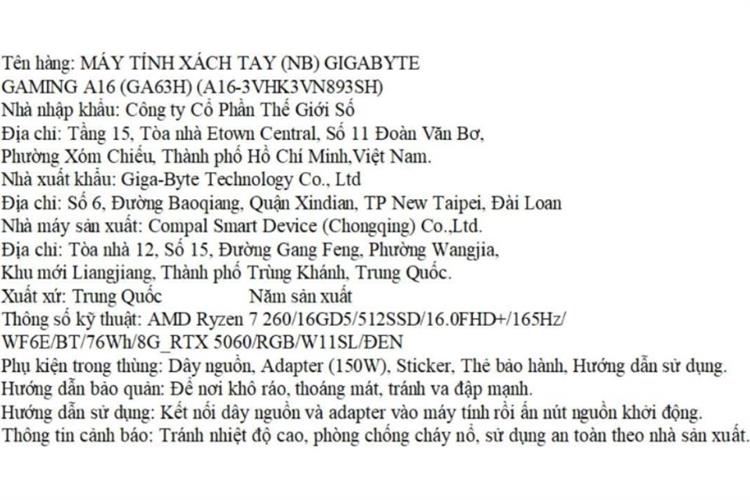 Laptop GIGABYTE Gaming A16 - 3VHK3VN893SH (R7 260, 16GB, 512GB, RTX 5060 8GB, Full HD+ 165Hz, Win11) Màu Đen