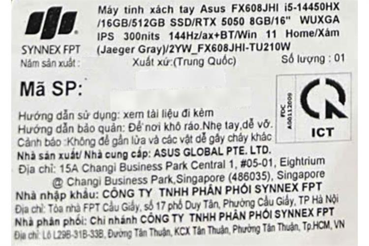 Laptop Asus TUF Gaming F16 FX608JHI - TU210W (i5 14450HX, 16GB, 512GB,RTX 5050 8GB, WUXGA 144Hz, Win11) Màu Xám