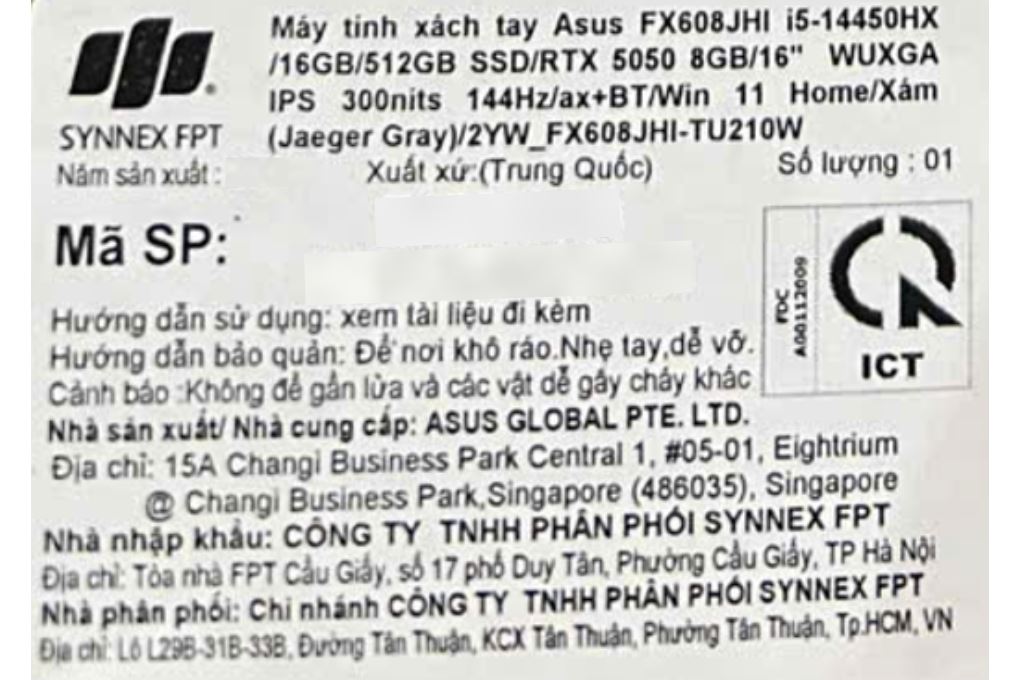 Laptop Asus TUF Gaming F16 FX608JHI - TU210W (i5 14450HX, 16GB, 512GB,RTX 5050 8GB, WUXGA 144Hz, Win11) Màu Xám