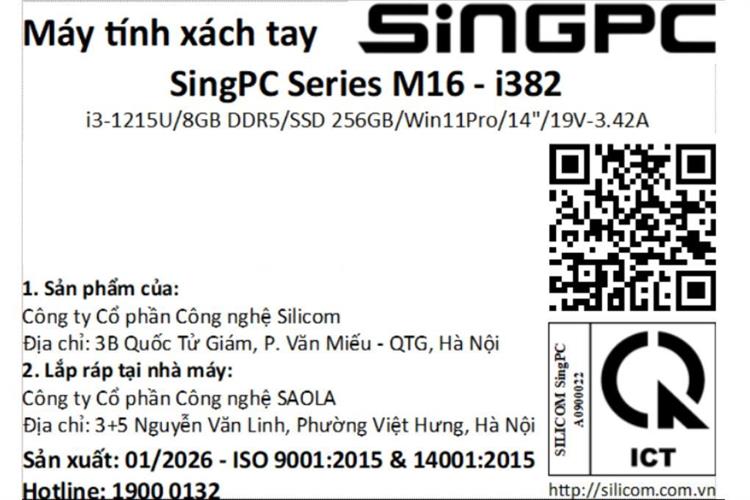Laptop SingPC M16-i382 (i3 1215U, 8GB, 256GB, WUXGA, Win11 Pro) Màu Bạc
