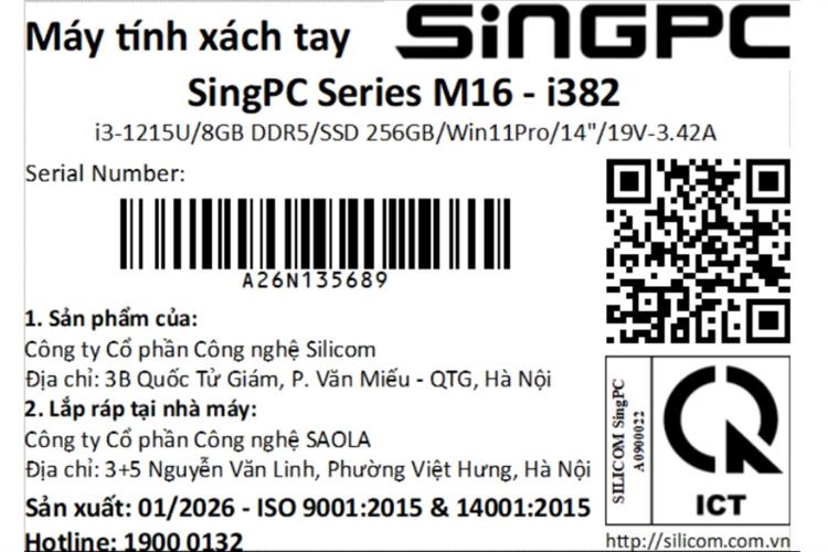 Laptop SingPC M16-i382 (i3 1215U, 8GB, 256GB, WUXGA, Win11 Pro) Màu Bạc
