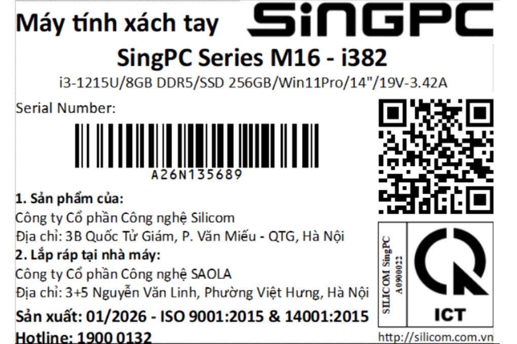 Laptop SingPC M16-i382 (i3 1215U, 8GB, 256GB, WUXGA, Win11 Pro) Màu Bạc