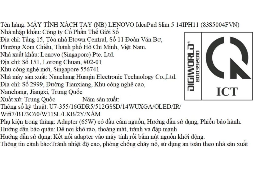 Laptop Lenovo IdeaPad Slim 5 14IPH11 - 83S5004FVN (Ultra 7 355, 16GB, 512GB, WUXGA OLED, Win11) Màu Xám