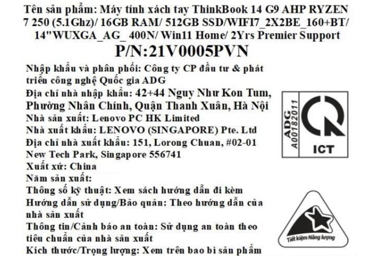 Laptop Lenovo ThinkBook 14 G9 - 21V0005PVN (R7 250, 16GB, 512GB, WUXGA, Win11) Màu Xám