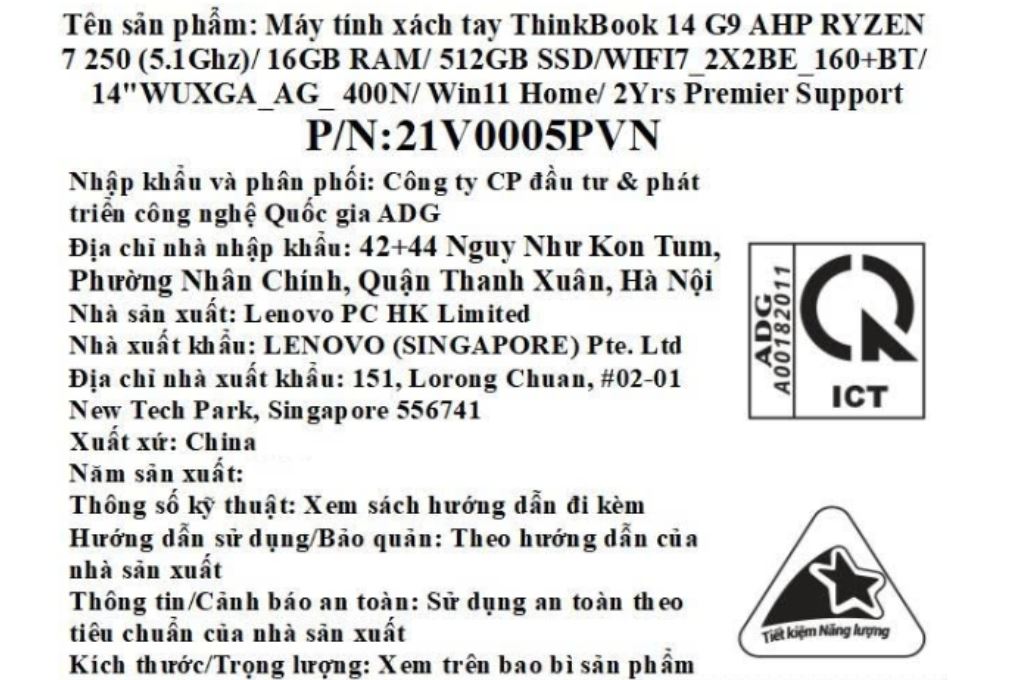 Laptop Lenovo ThinkBook 14 G9 - 21V0005PVN (R7 250, 16GB, 512GB, WUXGA, Win11) Màu Xám