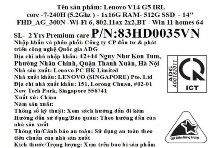 Laptop Lenovo V14 G5 - 83HD0035VN (Core7 240H, 16G, 512GB, Full HD, Win11) Màu Xám