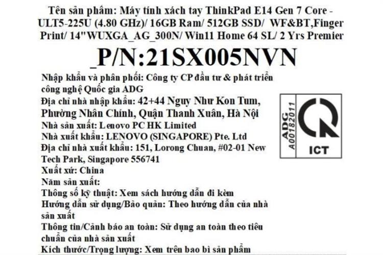 Laptop Lenovo ThinkPad E14 Gen 7 - 21SX005NVN (Ultra 5 225U, 16GB, 512GB, WUXGA, Win11) Màu Đen