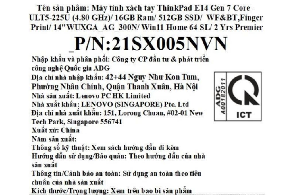 Laptop Lenovo ThinkPad E14 Gen 7 - 21SX005NVN (Ultra 5 225U, 16GB, 512GB, WUXGA, Win11) Màu Đen