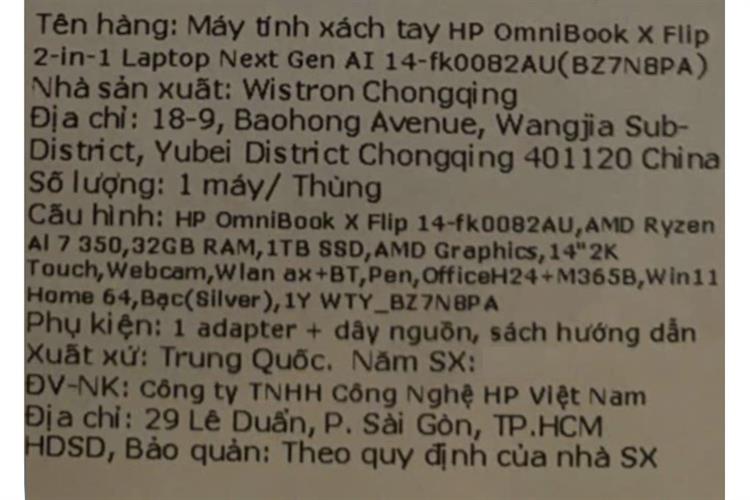 Laptop HP OmniBook X Flip 14 fk0082AU - BZ7N8PA (R7 AI 350, 32GB, 1TB, 2K, Cảm ứng, OfficeH24+365, Win11) Màu Bạc