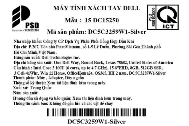 Laptop Dell 15 DC15250 - DC5C3259W1-2Y (Core 3 100U, 8GB, 512GB, Full HD 120Hz, OfficeHS24+365, Win11) Màu Bạc