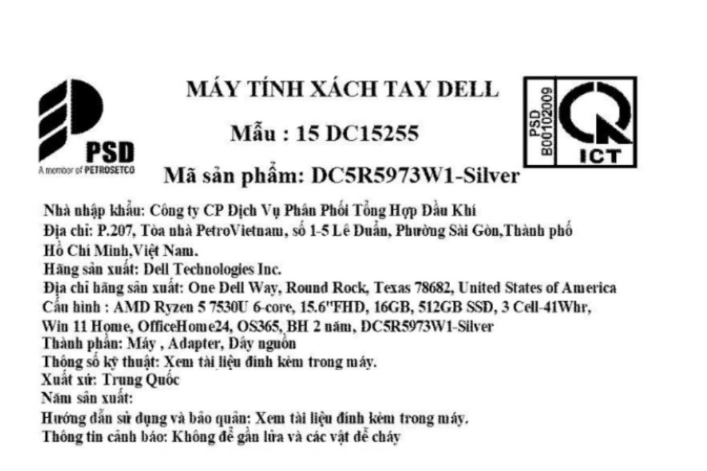 Laptop Dell 15 DC15255 - DC5R5973W1-2Y (R5 7530U, 16GB, 512GB, Full HD 120Hz, OfficeHS24+365, Win11) Màu Bạc
