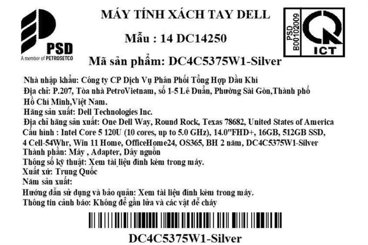 Laptop Dell 14 DC14250 - DC4C5375W1-2Y (Core 5 120U, 16GB, 512GB, Full HD 120Hz, OfficeHS24+365, Win11) Màu Bạc