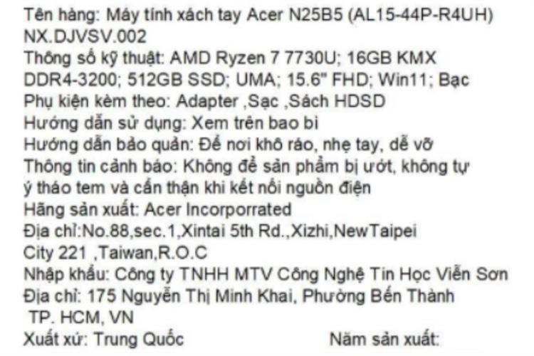 Laptop Acer Aspire Lite 15 AL15-44P-R4UH - NX.DJVSV.002 (R7 7730U, 16GB, 512GB, Full HD, Win11) Màu Bạc